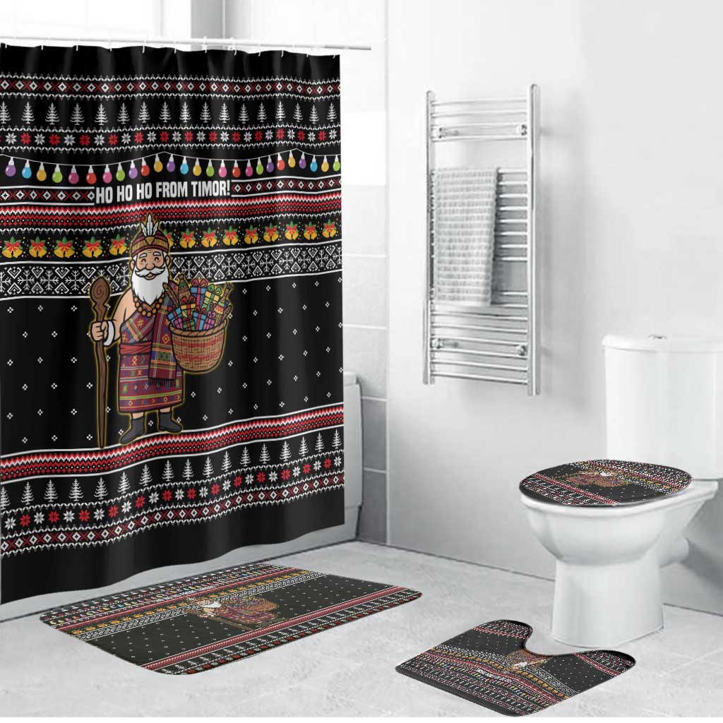 East Timor Christmas Bathroom Set with Santa in Traditional Robe Gift Basket Ho Ho Ho Text and Black Festive - Wonder Print Shop