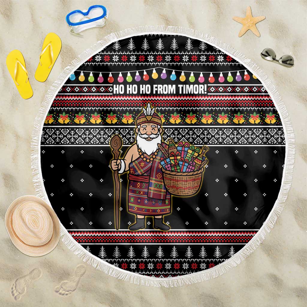 East Timor Christmas Beach Blanket with Santa in Traditional Robe Gift Basket Ho Ho Ho Text and Black Festive - Wonder Print Shop
