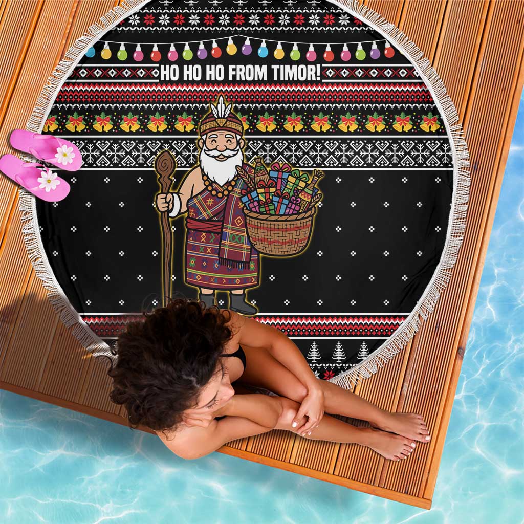 East Timor Christmas Beach Blanket with Santa in Traditional Robe Gift Basket Ho Ho Ho Text and Black Festive - Wonder Print Shop