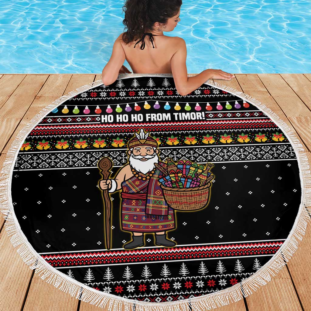 East Timor Christmas Beach Blanket with Santa in Traditional Robe Gift Basket Ho Ho Ho Text and Black Festive - Wonder Print Shop