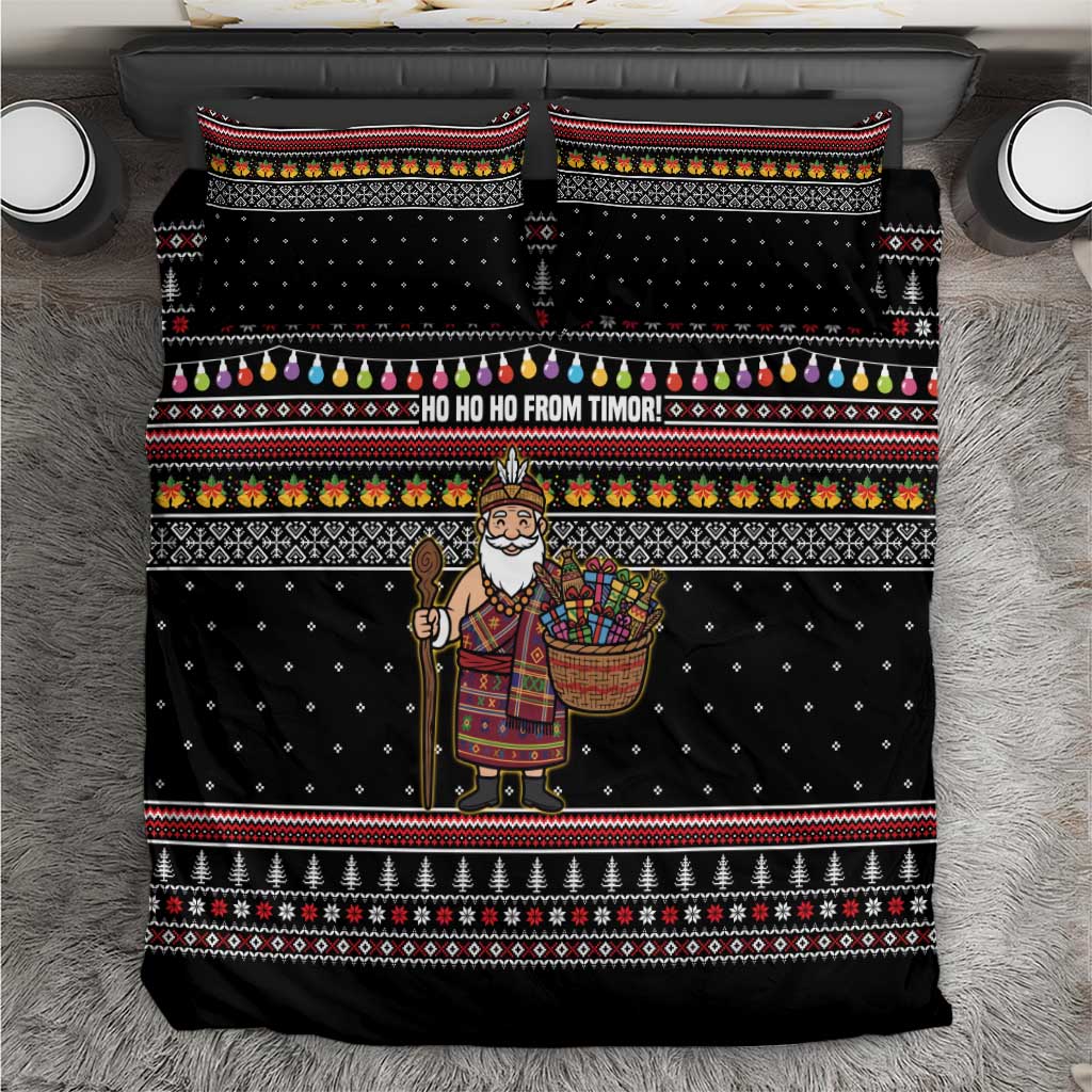 East Timor Christmas Bedding Set with Santa in Traditional Robe Gift Basket Ho Ho Ho Text and Black Festive - Wonder Print Shop
