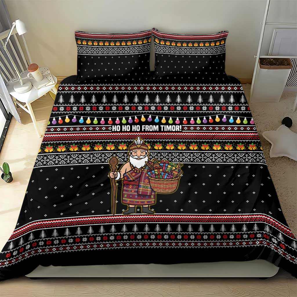East Timor Christmas Bedding Set with Santa in Traditional Robe Gift Basket Ho Ho Ho Text and Black Festive - Wonder Print Shop