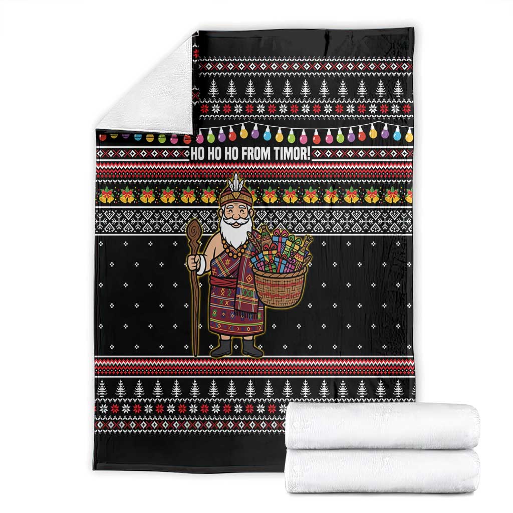 East Timor Christmas Blanket with Santa in Traditional Robe Gift Basket Ho Ho Ho Text and Black Festive - Wonder Print Shop