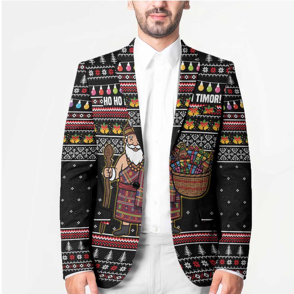 East Timor Christmas Blazer with Santa in Traditional Robe Gift Basket Ho Ho Ho Text and Black Festive - Wonder Print Shop