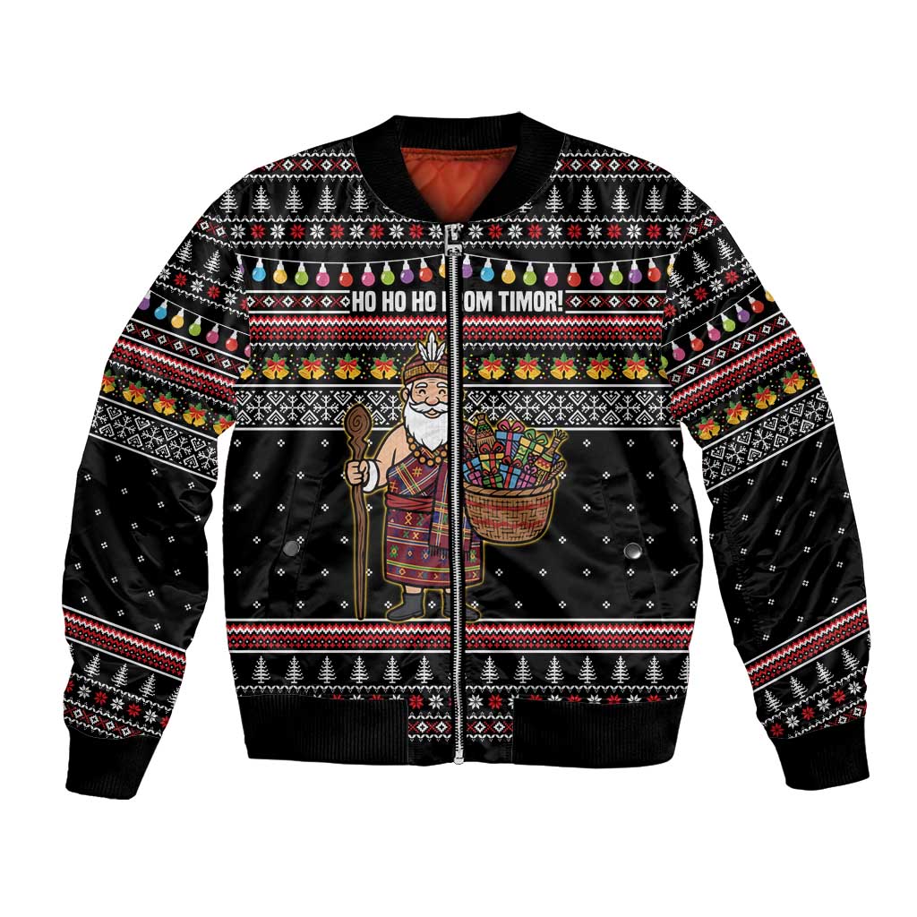 East Timor Christmas Bomber Jacket with Santa in Traditional Robe Gift Basket Ho Ho Ho Text and Black Festive - Wonder Print Shop