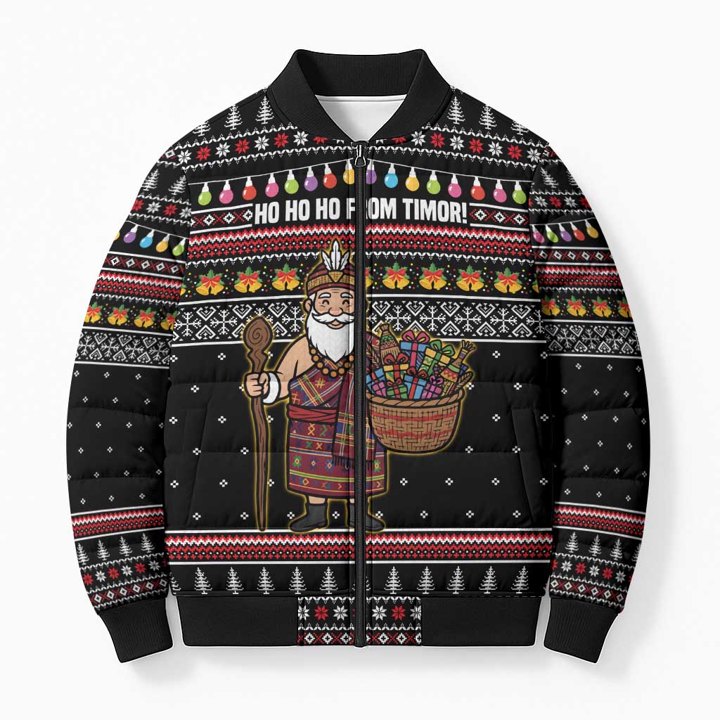 East Timor Christmas Bomber Puffer Jacket with Santa in Traditional Robe Gift Basket Ho Ho Ho Text and Black Festive - Wonder Print Shop