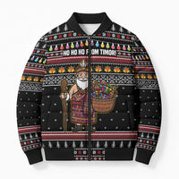 East Timor Christmas Bomber Puffer Jacket with Santa in Traditional Robe Gift Basket Ho Ho Ho Text and Black Festive - Wonder Print Shop
