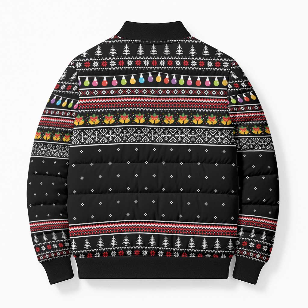 East Timor Christmas Bomber Puffer Jacket with Santa in Traditional Robe Gift Basket Ho Ho Ho Text and Black Festive - Wonder Print Shop