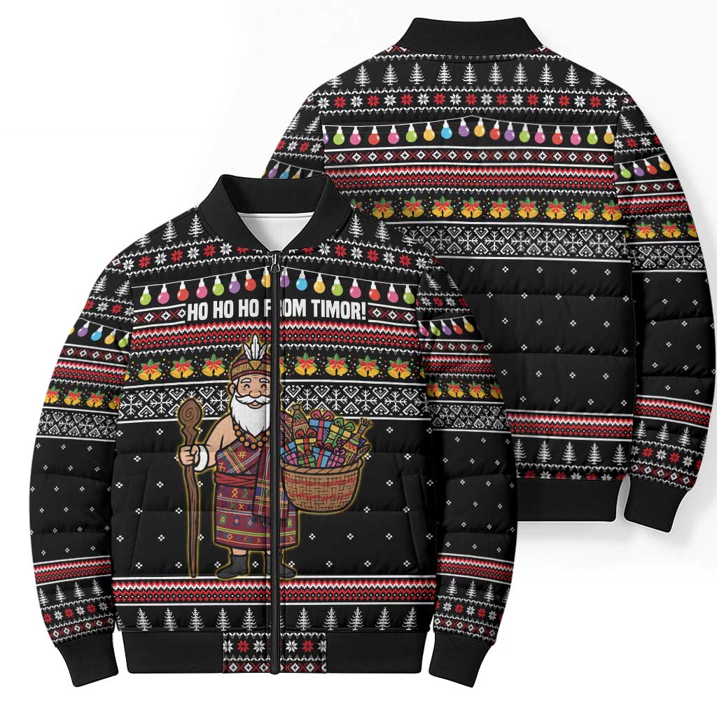 East Timor Christmas Bomber Puffer Jacket with Santa in Traditional Robe Gift Basket Ho Ho Ho Text and Black Festive - Wonder Print Shop