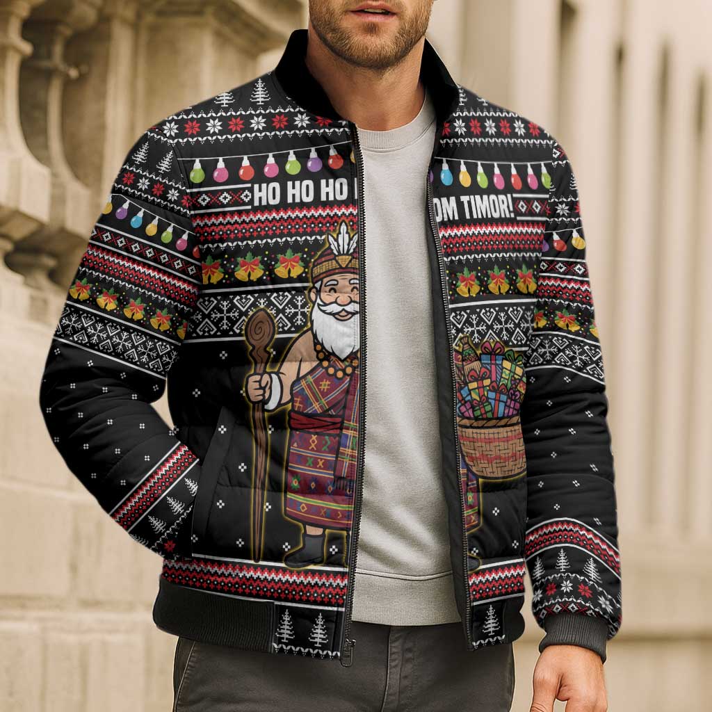 East Timor Christmas Bomber Puffer Jacket with Santa in Traditional Robe Gift Basket Ho Ho Ho Text and Black Festive - Wonder Print Shop