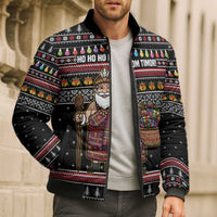 East Timor Christmas Bomber Puffer Jacket with Santa in Traditional Robe Gift Basket Ho Ho Ho Text and Black Festive - Wonder Print Shop