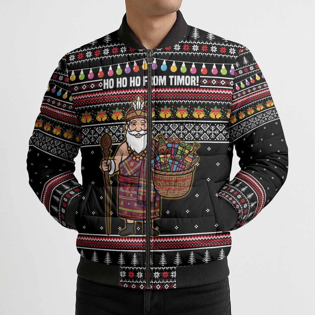East Timor Christmas Bomber Puffer Jacket with Santa in Traditional Robe Gift Basket Ho Ho Ho Text and Black Festive - Wonder Print Shop