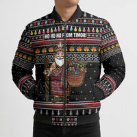 East Timor Christmas Bomber Puffer Jacket with Santa in Traditional Robe Gift Basket Ho Ho Ho Text and Black Festive - Wonder Print Shop