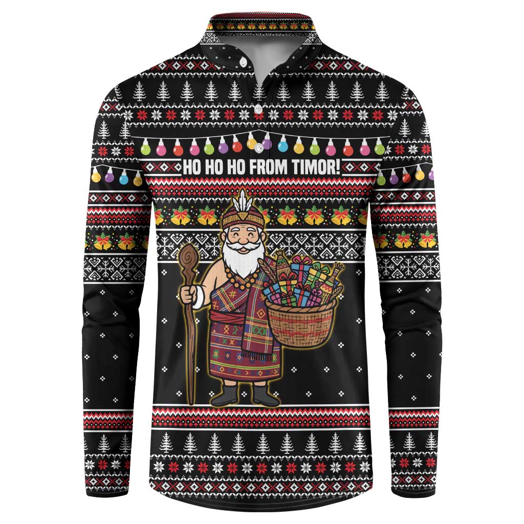 East Timor Christmas Button Sweatshirt with Santa in Traditional Robe Gift Basket Ho Ho Ho Text and Black Festive - Wonder Print Shop