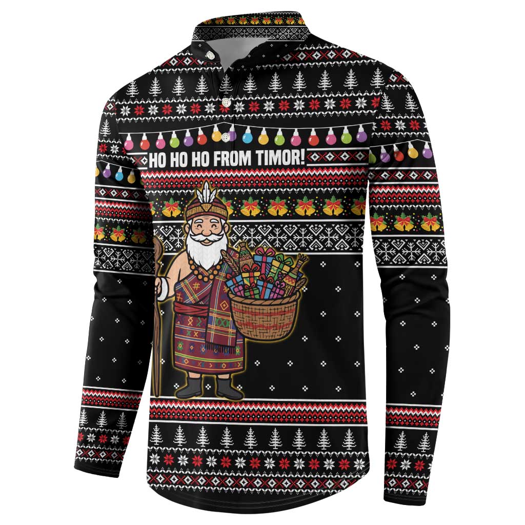 East Timor Christmas Button Sweatshirt with Santa in Traditional Robe Gift Basket Ho Ho Ho Text and Black Festive - Wonder Print Shop