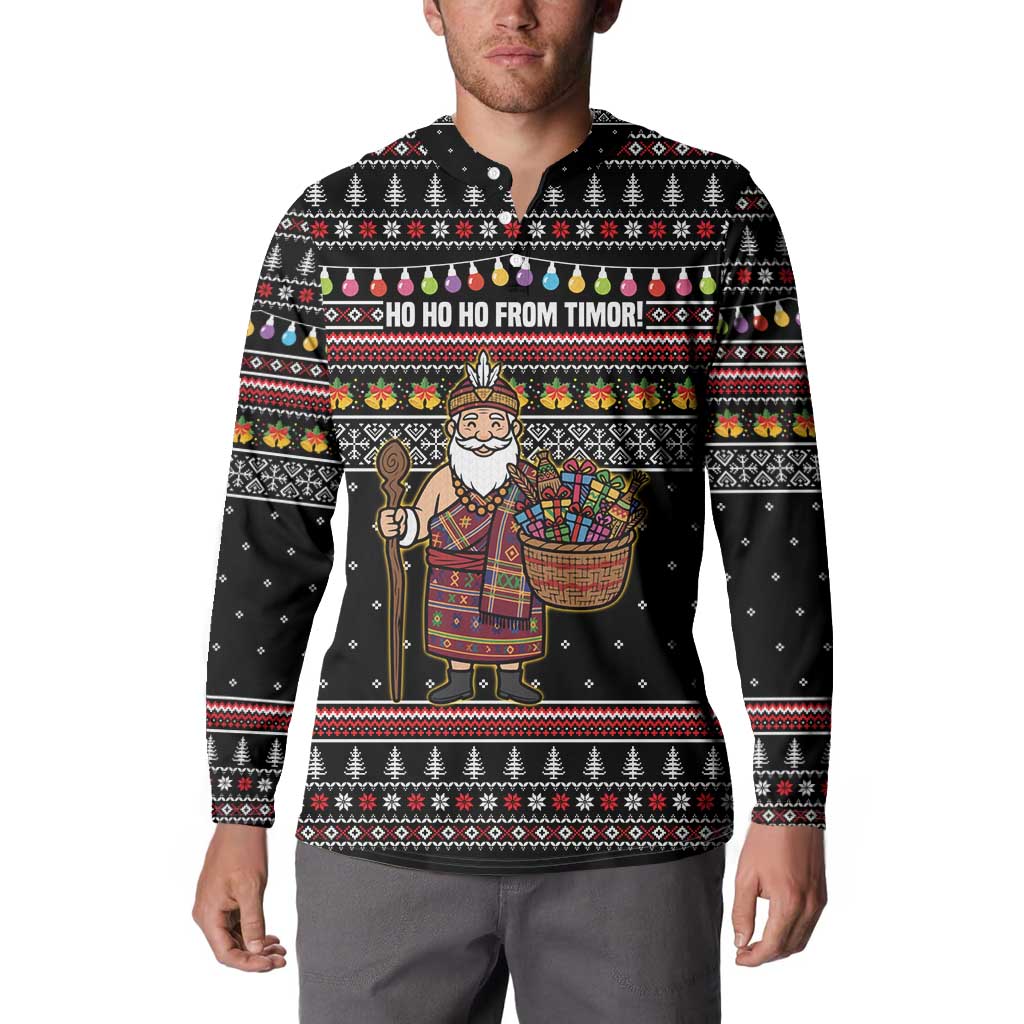 East Timor Christmas Button Sweatshirt with Santa in Traditional Robe Gift Basket Ho Ho Ho Text and Black Festive - Wonder Print Shop