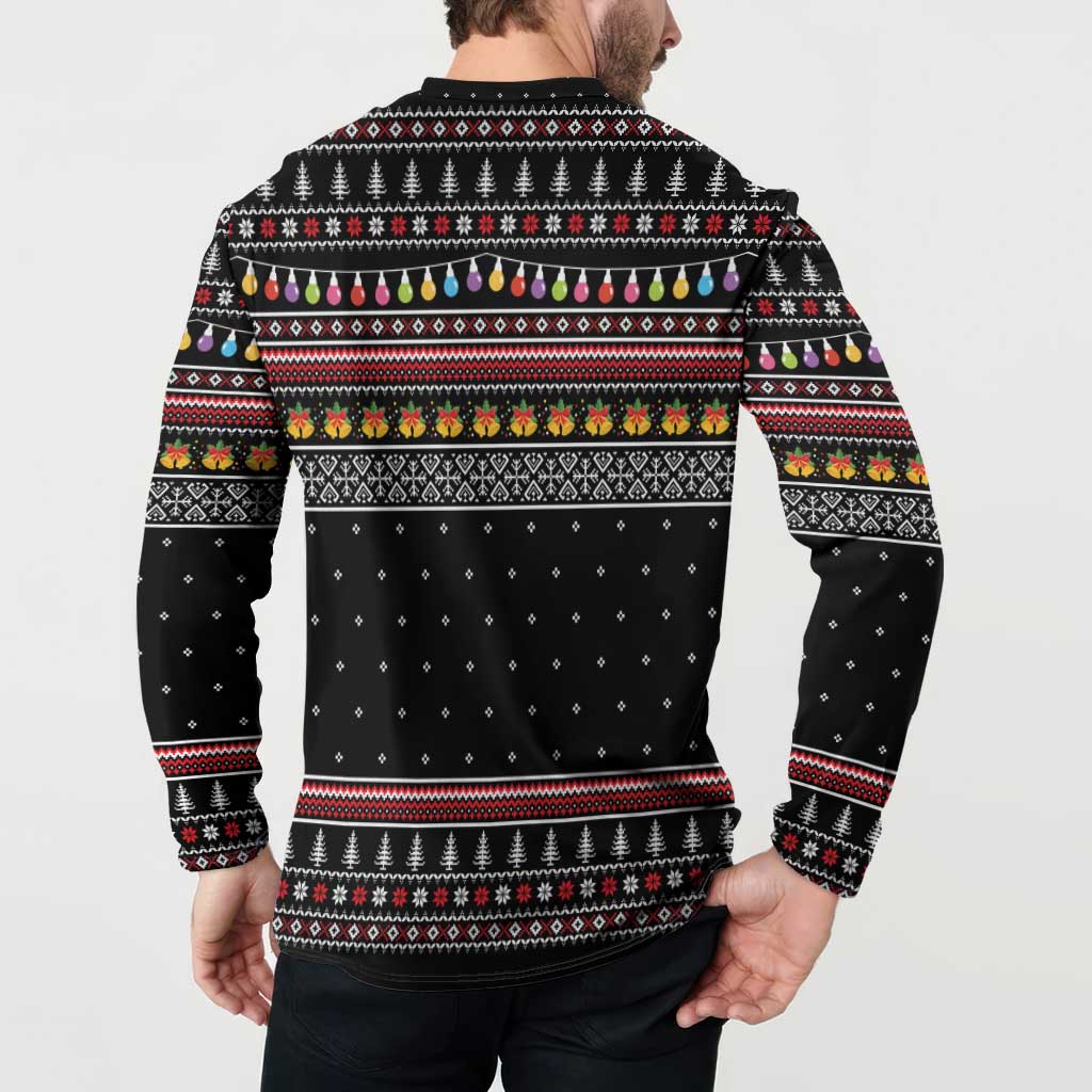 East Timor Christmas Button Sweatshirt with Santa in Traditional Robe Gift Basket Ho Ho Ho Text and Black Festive - Wonder Print Shop