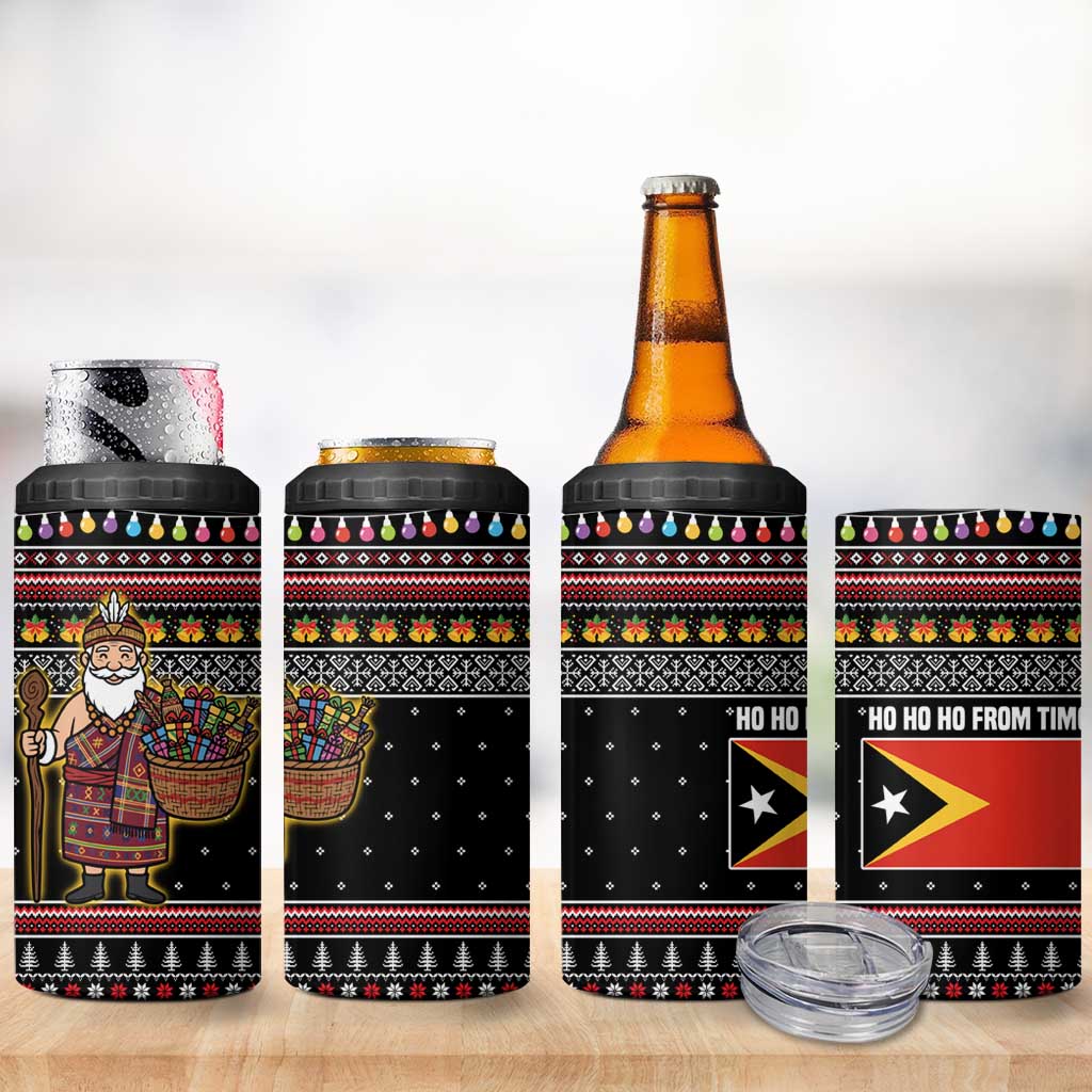 East Timor Christmas 4 in 1 Can Cooler Tumbler with Santa in Traditional Robe Gift Basket Ho Ho Ho Text and Black Festive - Wonder Print Shop