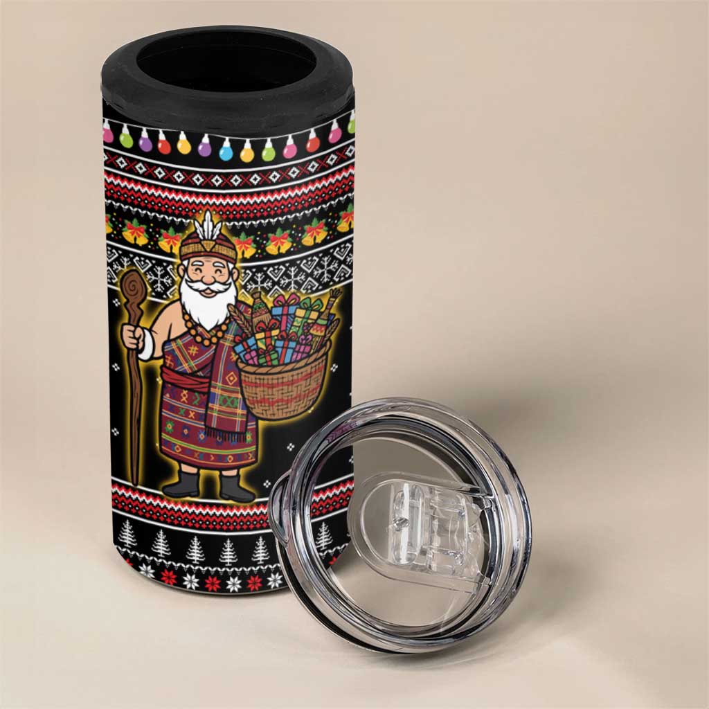 East Timor Christmas 4 in 1 Can Cooler Tumbler with Santa in Traditional Robe Gift Basket Ho Ho Ho Text and Black Festive - Wonder Print Shop