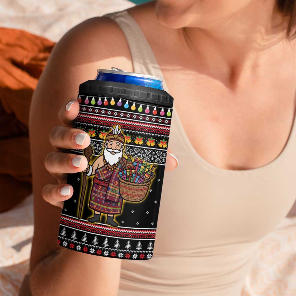 East Timor Christmas 4 in 1 Can Cooler Tumbler with Santa in Traditional Robe Gift Basket Ho Ho Ho Text and Black Festive - Wonder Print Shop