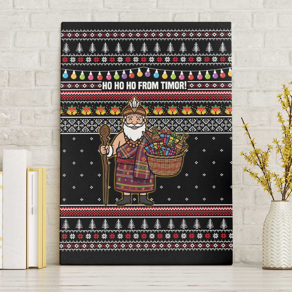 East Timor Christmas Canvas Wall Art with Santa in Traditional Robe Gift Basket Ho Ho Ho Text and Black Festive - Wonder Print Shop