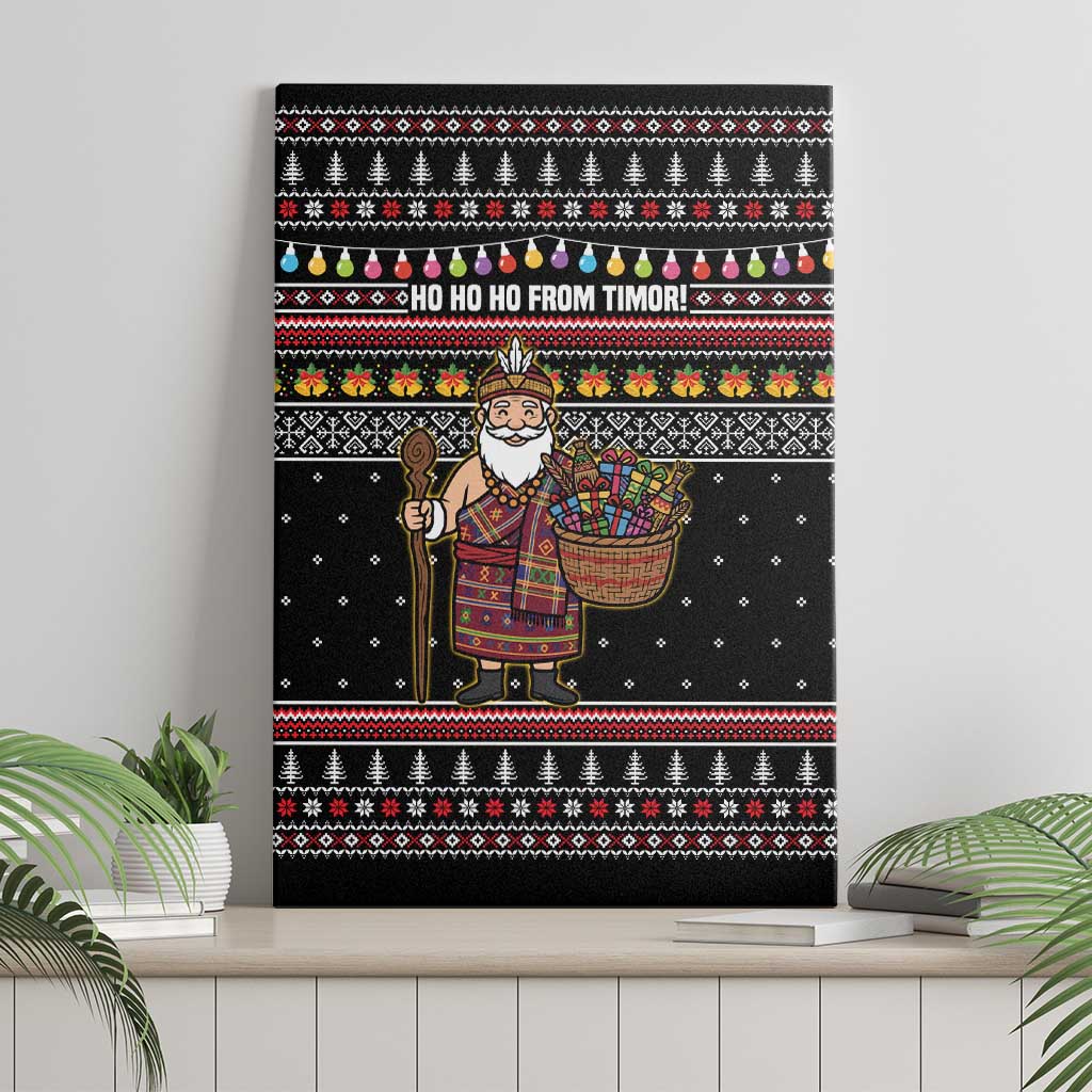 East Timor Christmas Canvas Wall Art with Santa in Traditional Robe Gift Basket Ho Ho Ho Text and Black Festive - Wonder Print Shop