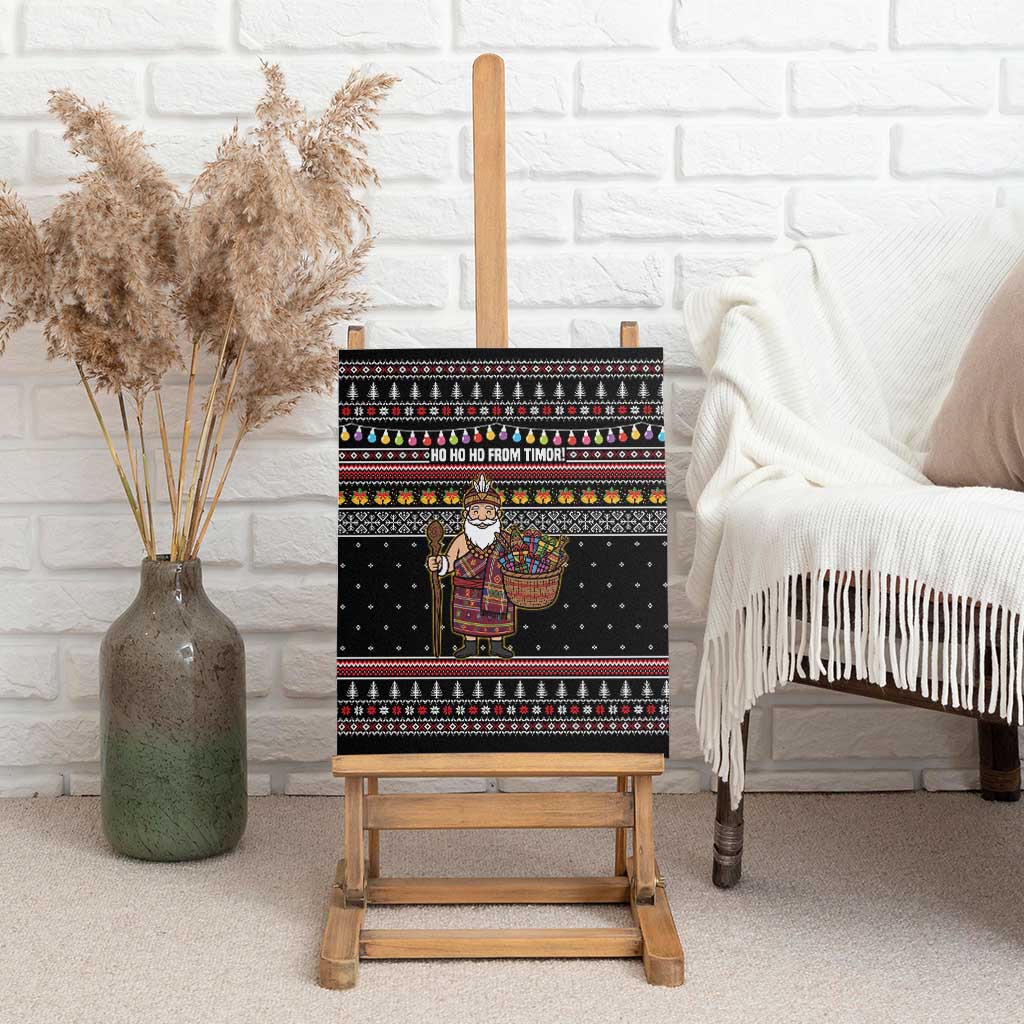East Timor Christmas Canvas Wall Art with Santa in Traditional Robe Gift Basket Ho Ho Ho Text and Black Festive - Wonder Print Shop