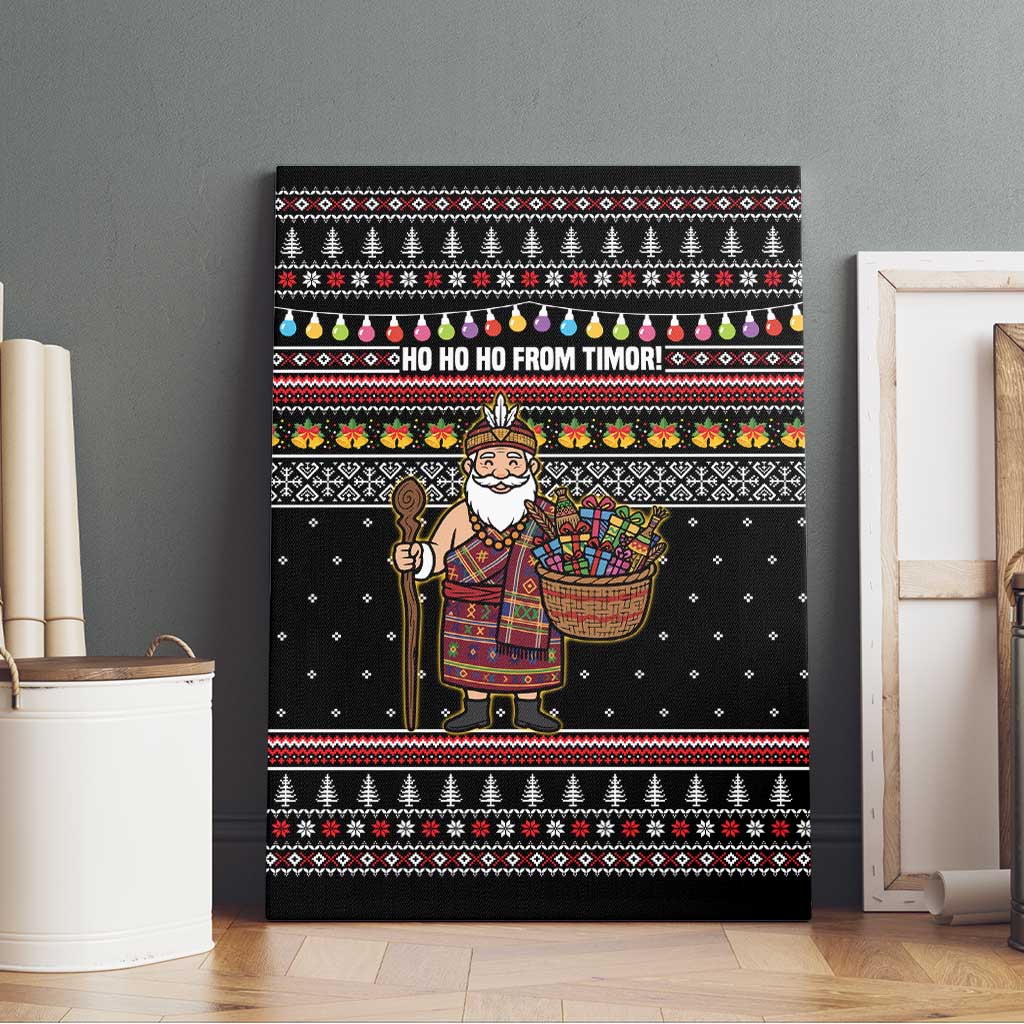 East Timor Christmas Canvas Wall Art with Santa in Traditional Robe Gift Basket Ho Ho Ho Text and Black Festive - Wonder Print Shop
