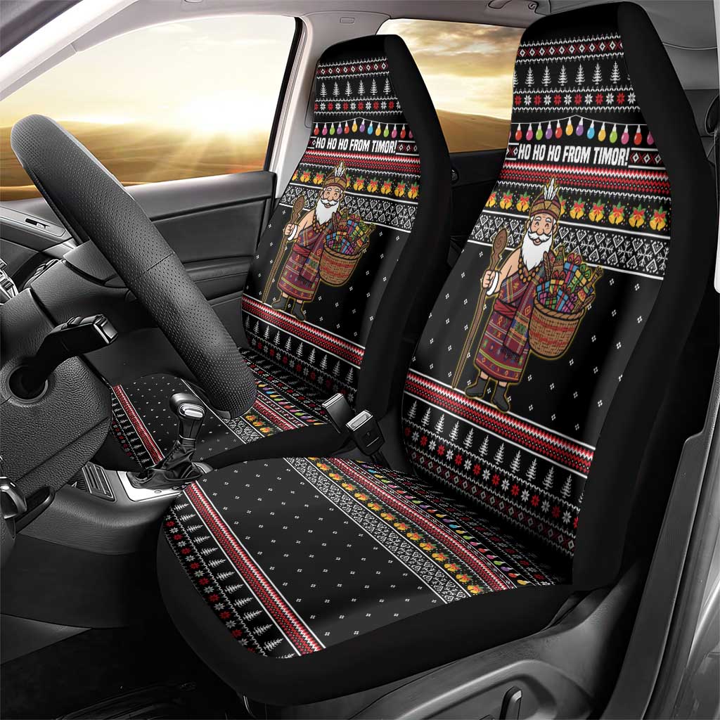 East Timor Christmas Car Seat Cover with Santa in Traditional Robe Gift Basket Ho Ho Ho Text and Black Festive - Wonder Print Shop