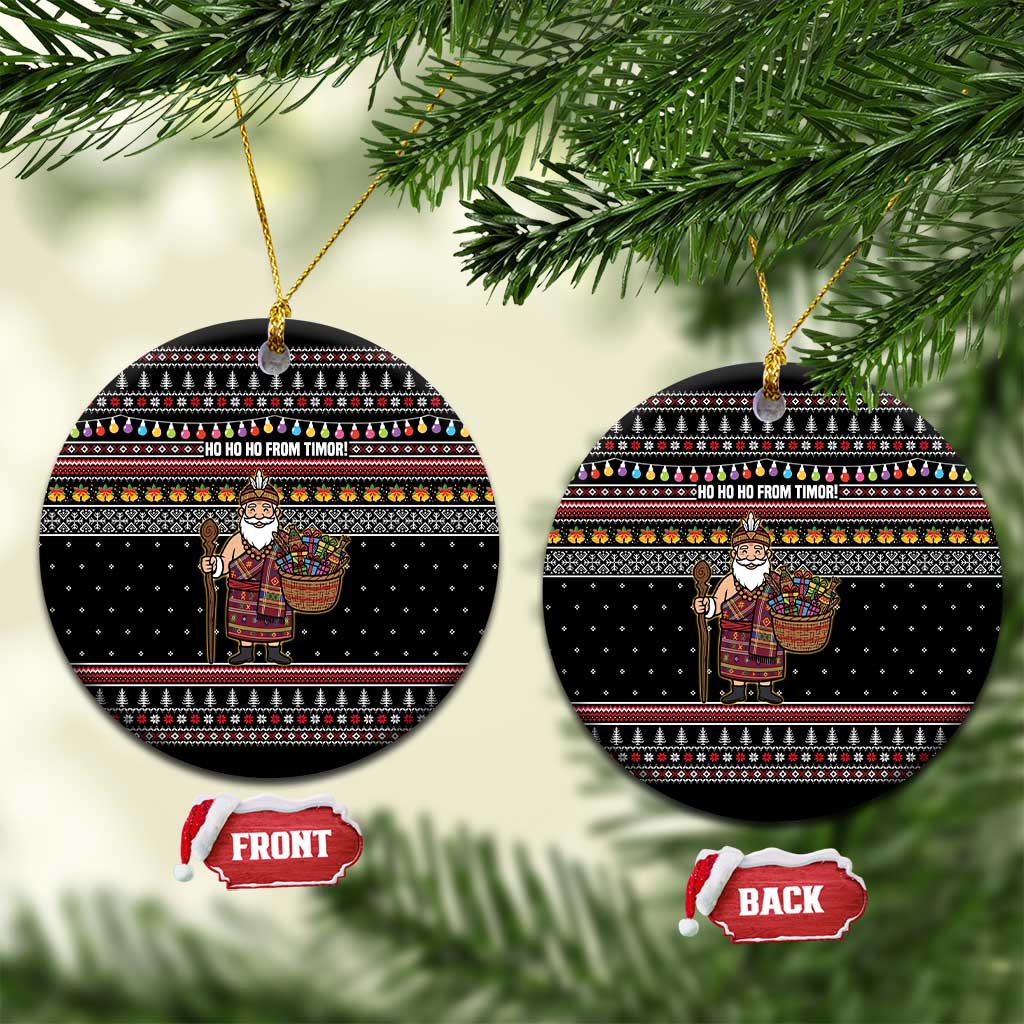 East Timor Christmas Ceramic Ornament with Santa in Traditional Robe Gift Basket Ho Ho Ho Text and Black Festive - Wonder Print Shop