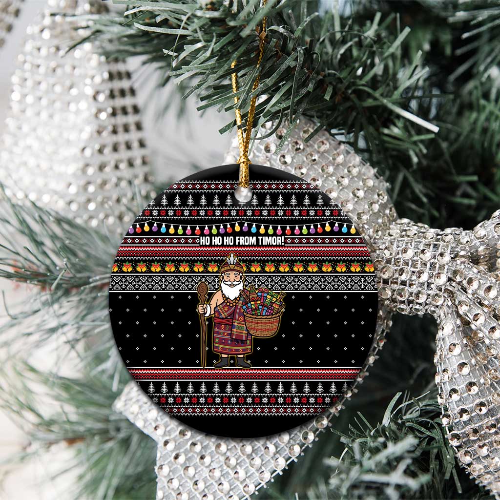 East Timor Christmas Ceramic Ornament with Santa in Traditional Robe Gift Basket Ho Ho Ho Text and Black Festive - Wonder Print Shop