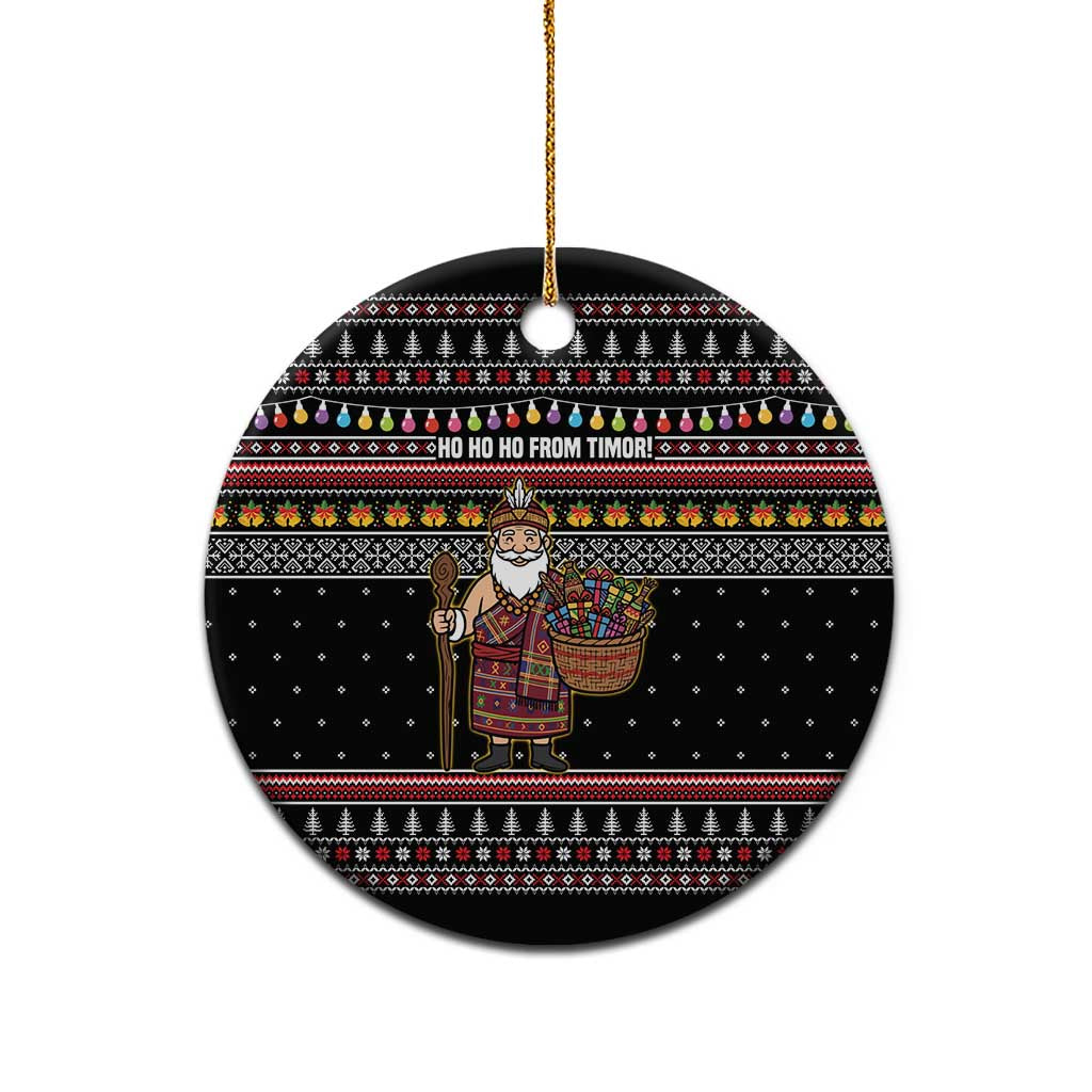 East Timor Christmas Ceramic Ornament with Santa in Traditional Robe Gift Basket Ho Ho Ho Text and Black Festive - Wonder Print Shop