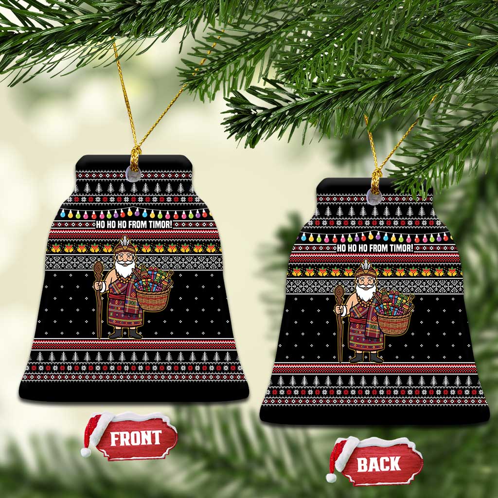 East Timor Christmas Ceramic Ornament with Santa in Traditional Robe Gift Basket Ho Ho Ho Text and Black Festive - Wonder Print Shop