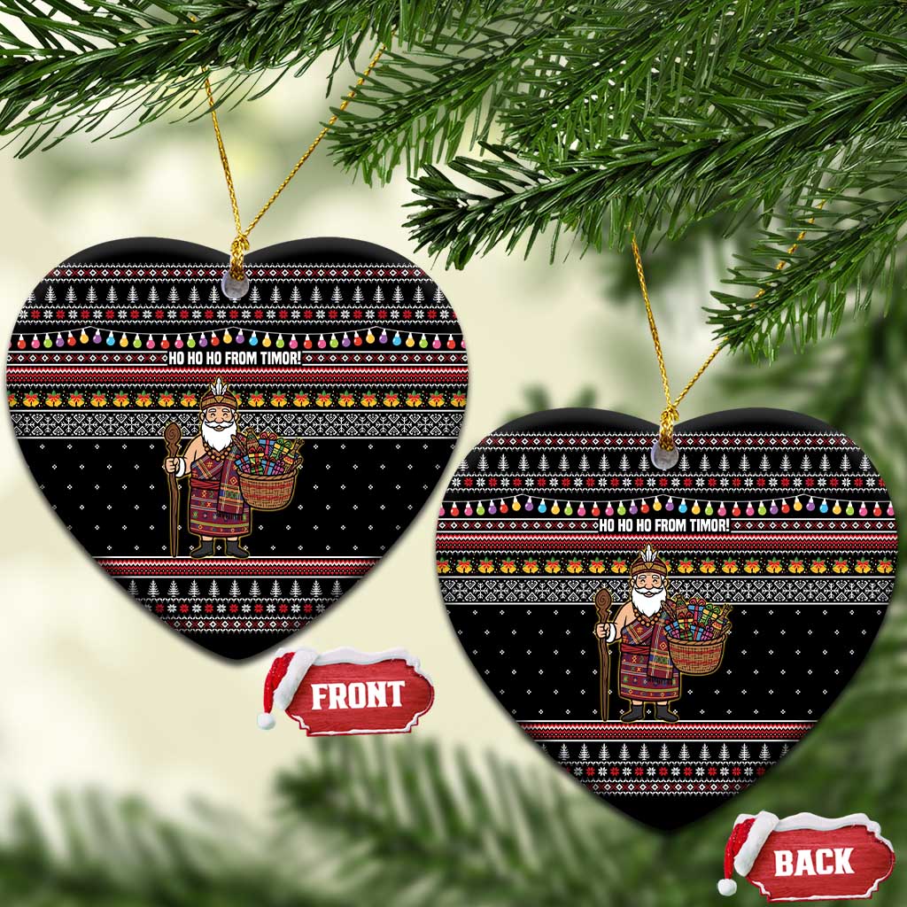 East Timor Christmas Ceramic Ornament with Santa in Traditional Robe Gift Basket Ho Ho Ho Text and Black Festive - Wonder Print Shop