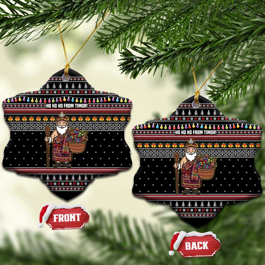 East Timor Christmas Ceramic Ornament with Santa in Traditional Robe Gift Basket Ho Ho Ho Text and Black Festive - Wonder Print Shop