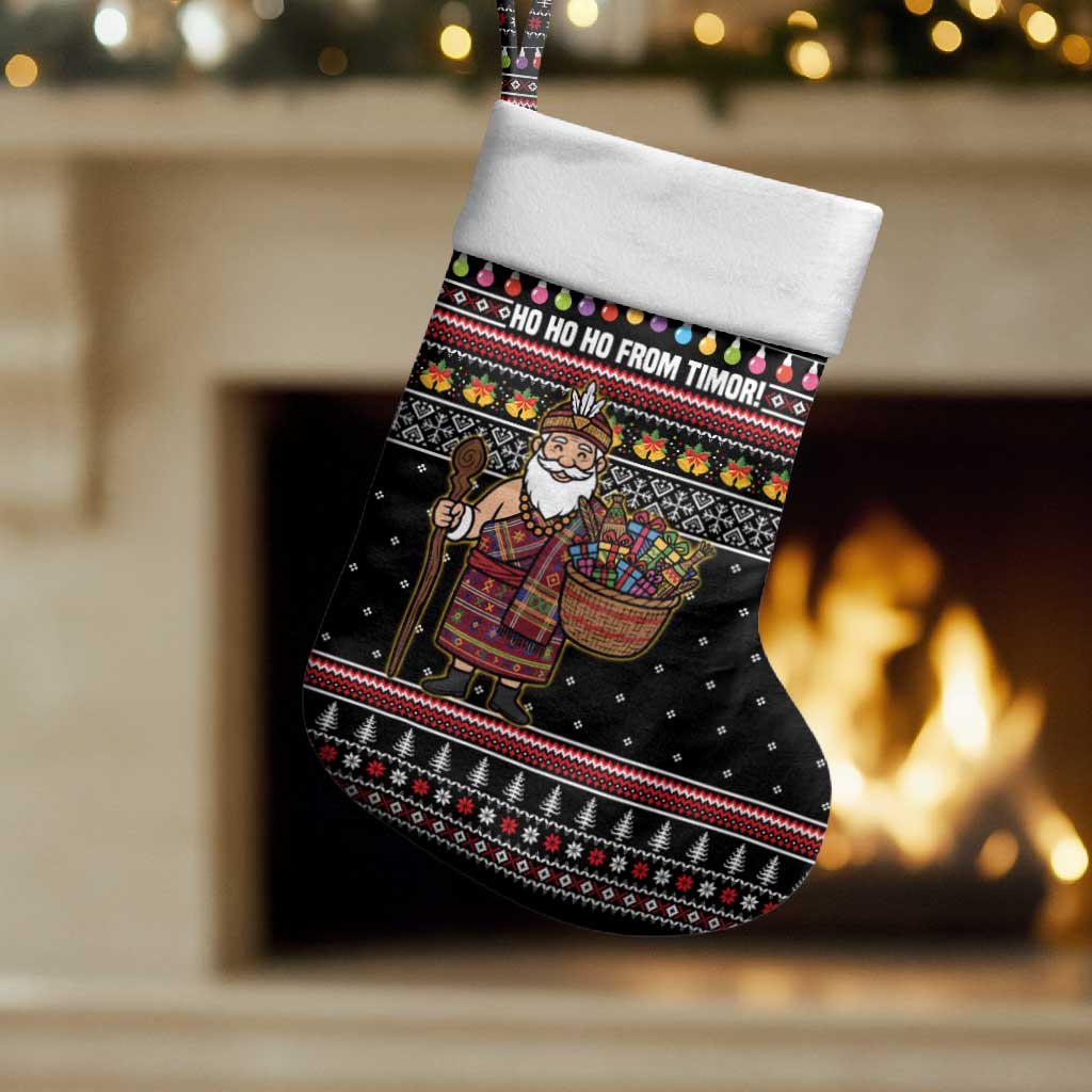 East Timor Christmas Stocking with Santa in Traditional Robe Gift Basket Ho Ho Ho Text and Black Festive - Wonder Print Shop
