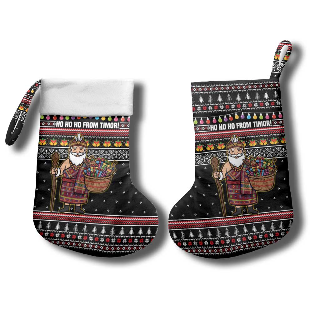 East Timor Christmas Stocking with Santa in Traditional Robe Gift Basket Ho Ho Ho Text and Black Festive - Wonder Print Shop