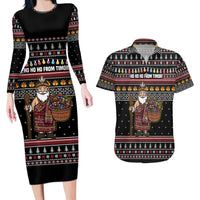 East Timor Christmas Couples Matching Long Sleeve Bodycon Dress and Hawaiian Shirt with Santa in Traditional Robe Gift Basket Ho Ho Ho Text and Black Festive - Wonder Print Shop