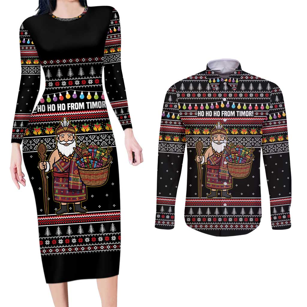 East Timor Christmas Couples Matching Long Sleeve Bodycon Dress and Long Sleeve Button Shirt with Santa in Traditional Robe Gift Basket Ho Ho Ho Text and Black Festive - Wonder Print Shop