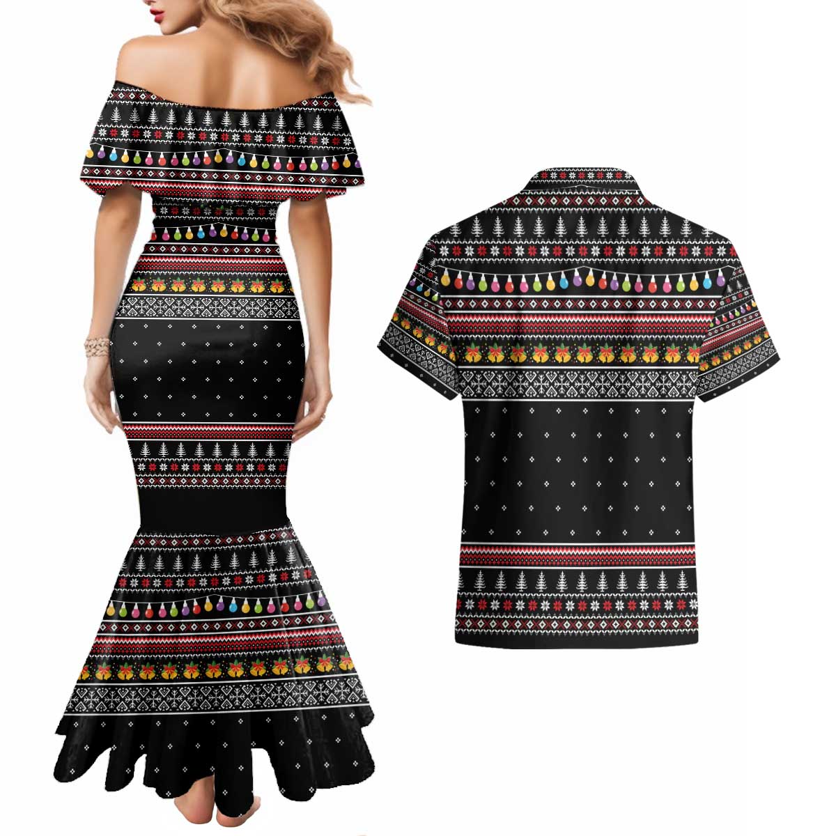 East Timor Christmas Couples Matching Mermaid Dress and Hawaiian Shirt with Santa in Traditional Robe Gift Basket Ho Ho Ho Text and Black Festive - Wonder Print Shop