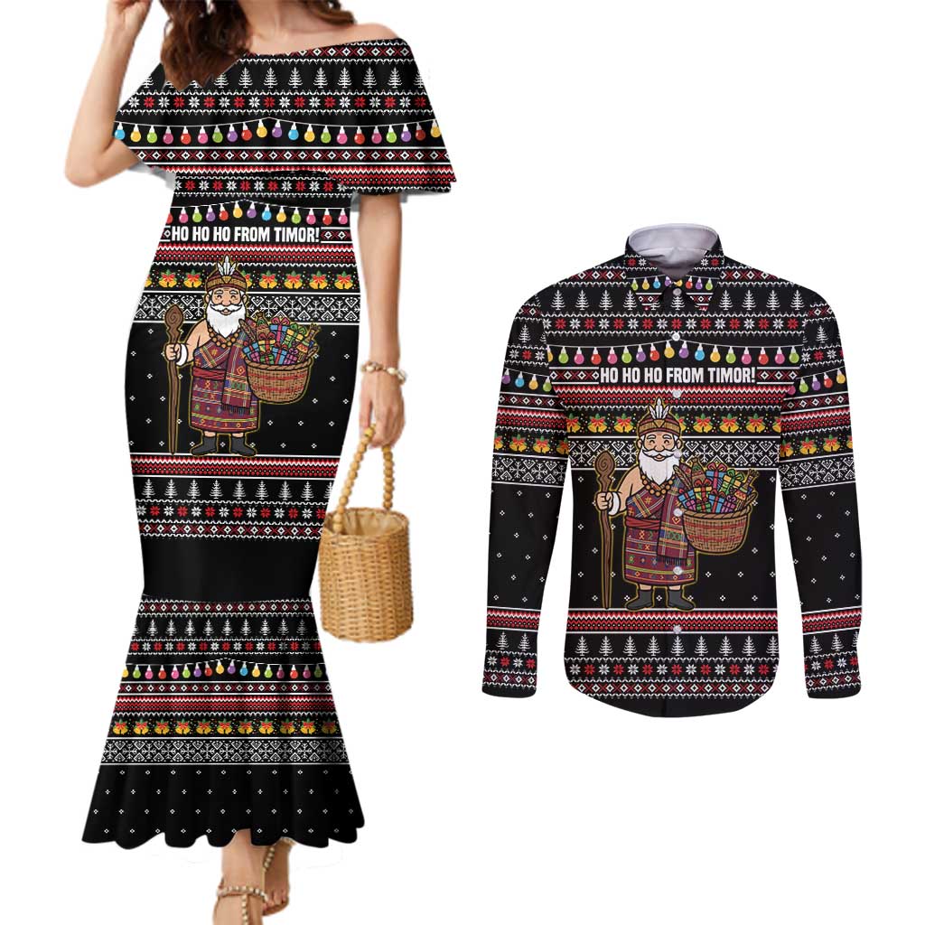 East Timor Christmas Couples Matching Mermaid Dress and Long Sleeve Button Shirt with Santa in Traditional Robe Gift Basket Ho Ho Ho Text and Black Festive - Wonder Print Shop