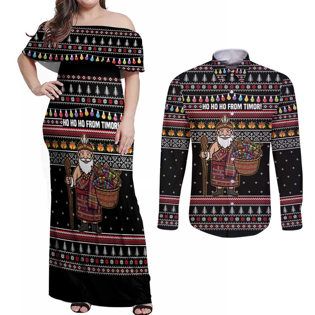 East Timor Christmas Couples Matching Off Shoulder Maxi Dress and Long Sleeve Button Shirt with Santa in Traditional Robe Gift Basket Ho Ho Ho Text and Black Festive - Wonder Print Shop