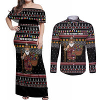 East Timor Christmas Couples Matching Off Shoulder Maxi Dress and Long Sleeve Button Shirt with Santa in Traditional Robe Gift Basket Ho Ho Ho Text and Black Festive - Wonder Print Shop