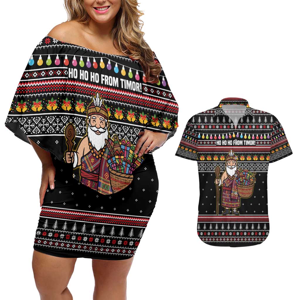 East Timor Christmas Couples Matching Off Shoulder Short Dress and Hawaiian Shirt with Santa in Traditional Robe Gift Basket Ho Ho Ho Text and Black Festive - Wonder Print Shop