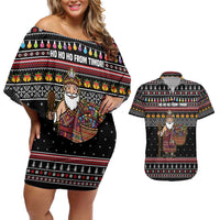 East Timor Christmas Couples Matching Off Shoulder Short Dress and Hawaiian Shirt with Santa in Traditional Robe Gift Basket Ho Ho Ho Text and Black Festive - Wonder Print Shop