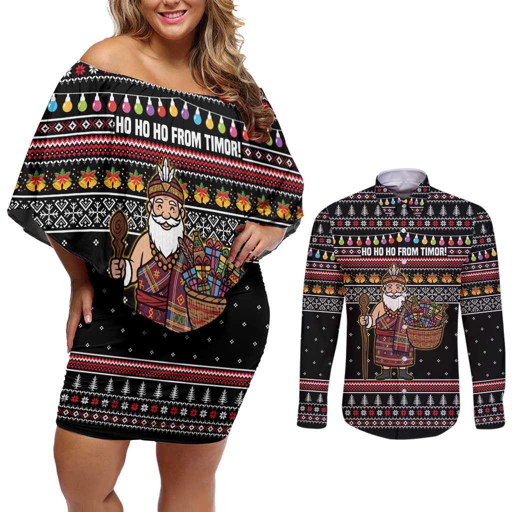 East Timor Christmas Couples Matching Off Shoulder Short Dress and Long Sleeve Button Shirt with Santa in Traditional Robe Gift Basket Ho Ho Ho Text and Black Festive - Wonder Print Shop