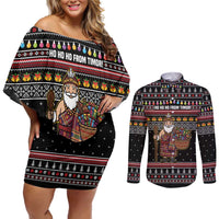 East Timor Christmas Couples Matching Off Shoulder Short Dress and Long Sleeve Button Shirt with Santa in Traditional Robe Gift Basket Ho Ho Ho Text and Black Festive - Wonder Print Shop