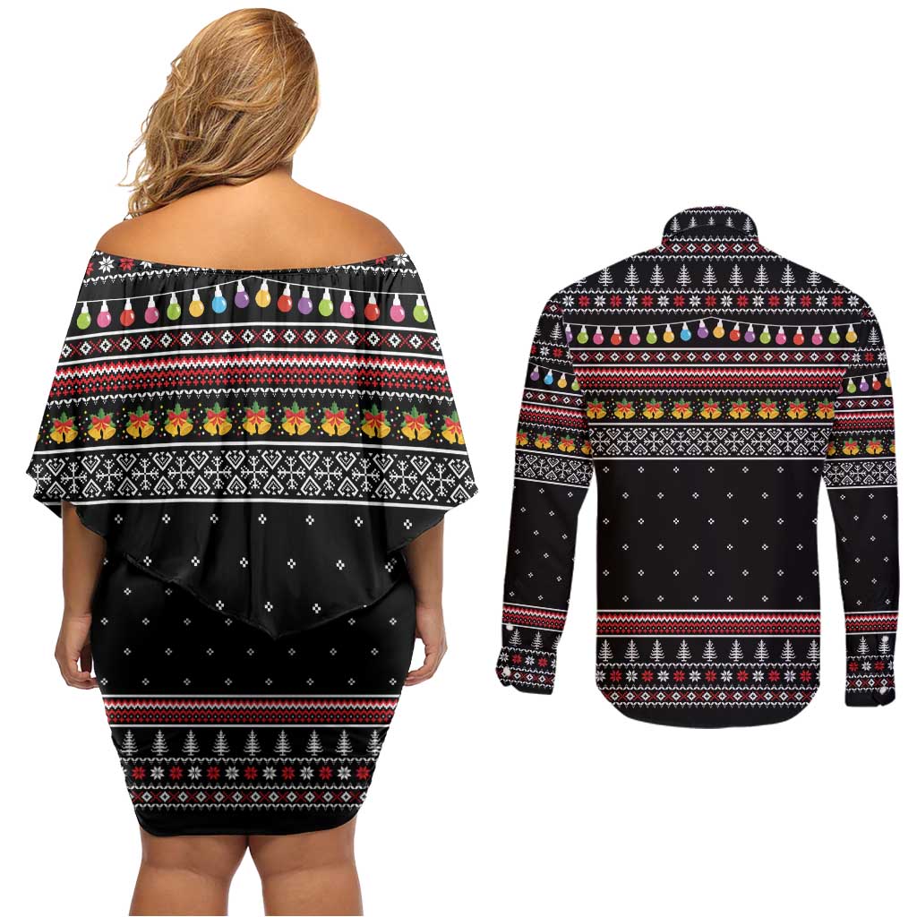 East Timor Christmas Couples Matching Off Shoulder Short Dress and Long Sleeve Button Shirt with Santa in Traditional Robe Gift Basket Ho Ho Ho Text and Black Festive - Wonder Print Shop