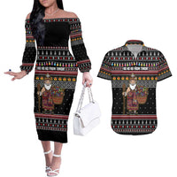 East Timor Christmas Couples Matching Off The Shoulder Long Sleeve Dress and Hawaiian Shirt with Santa in Traditional Robe Gift Basket Ho Ho Ho Text and Black Festive - Wonder Print Shop