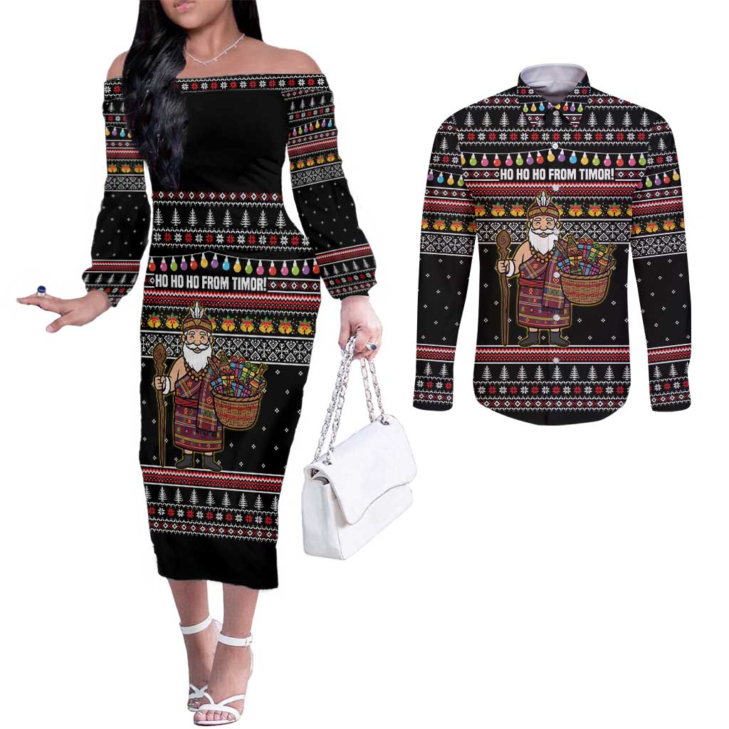 East Timor Christmas Couples Matching Off The Shoulder Long Sleeve Dress and Long Sleeve Button Shirt with Santa in Traditional Robe Gift Basket Ho Ho Ho Text and Black Festive - Wonder Print Shop
